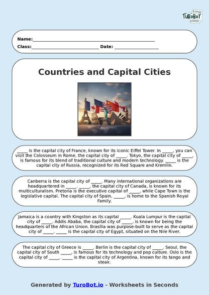 Year 9 General Knowledge Fill in the Blanks Worksheet – Countries and Capital Cities