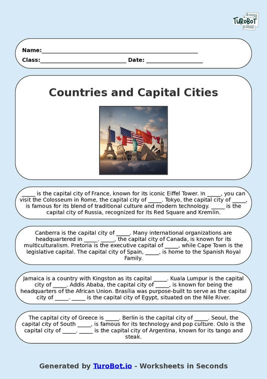 Year 9 General Knowledge Fill in the Blanks Worksheet – Countries and Capital Cities