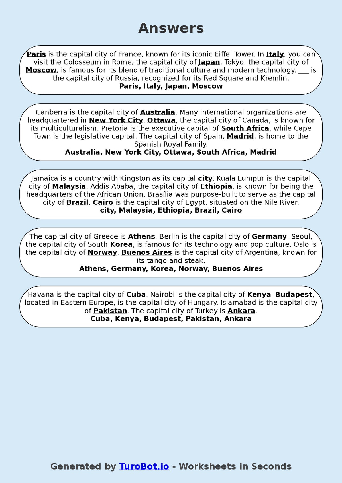 Year 9 General Knowledge Fill in the Blanks Worksheet – Countries and Capital Cities