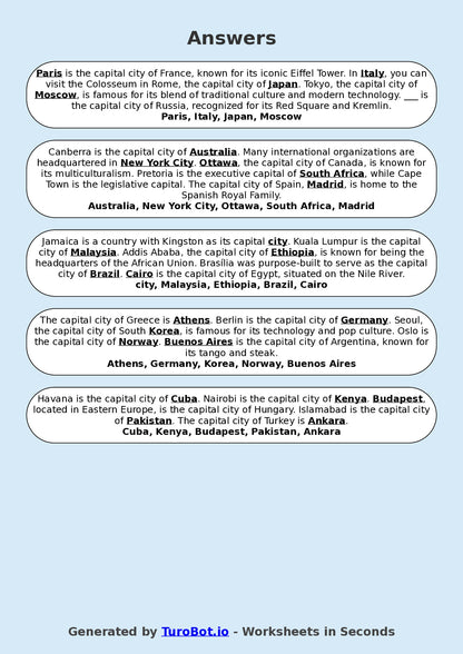 Year 9 General Knowledge Fill in the Blanks Worksheet – Countries and Capital Cities