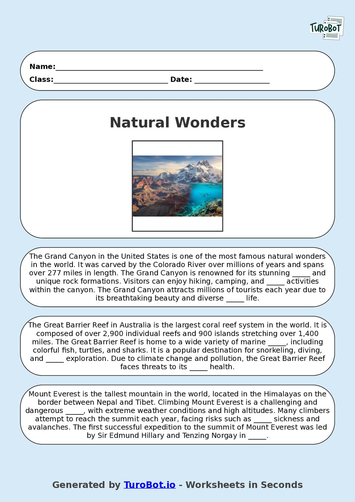 Year 9 General Knowledge Fill in the Blanks Worksheet – Natural Wonders of the World
