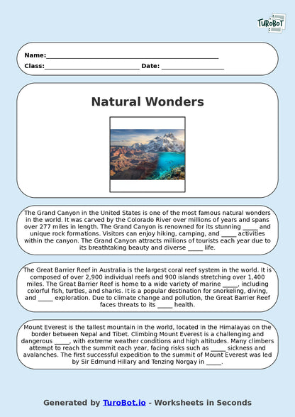 Year 9 General Knowledge Fill in the Blanks Worksheet – Natural Wonders of the World