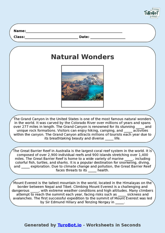 Year 9 General Knowledge Fill in the Blanks Worksheet – Natural Wonders of the World