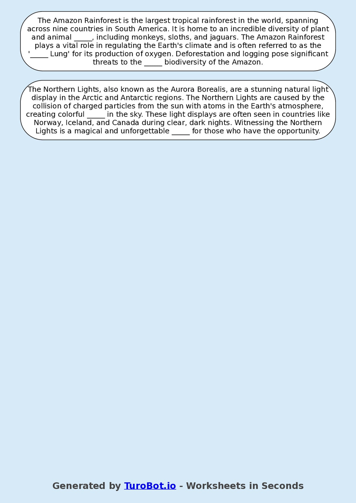 Year 9 General Knowledge Fill in the Blanks Worksheet – Natural Wonders of the World