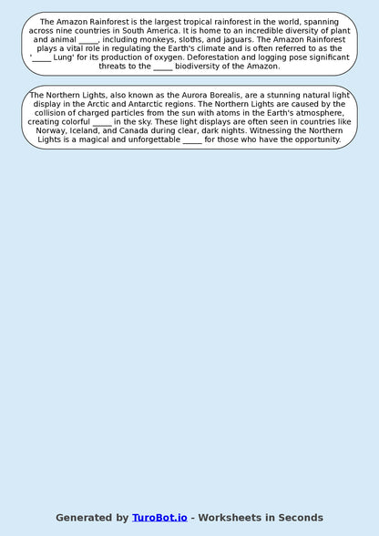 Year 9 General Knowledge Fill in the Blanks Worksheet – Natural Wonders of the World