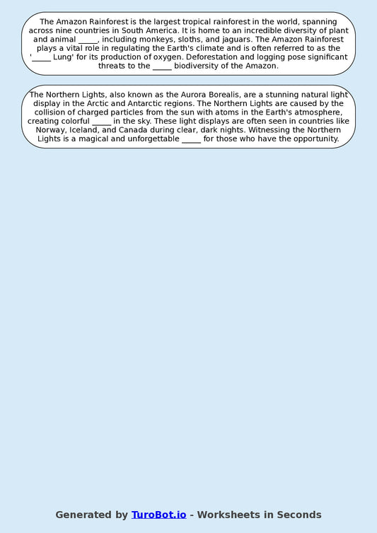 Year 9 General Knowledge Fill in the Blanks Worksheet – Natural Wonders of the World