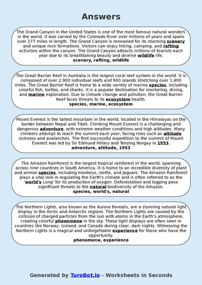 Year 9 General Knowledge Fill in the Blanks Worksheet – Natural Wonders of the World
