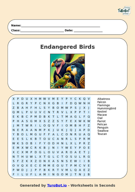 General Knowledge - Year 4 - Find a Word - Endangered Birds – Free Find a Word Worksheet