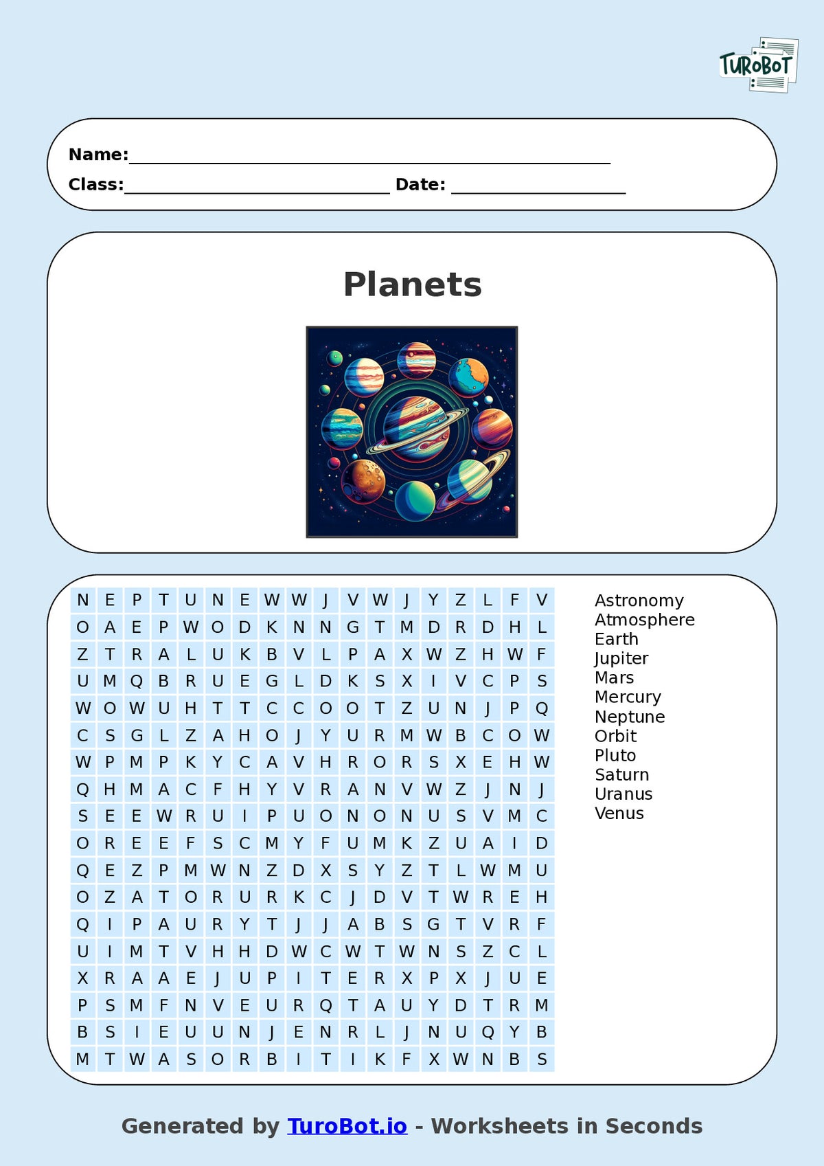 General Knowledge - Year 4 - Find a Word - Planets in the Solar System – Free Find a Word Worksheet