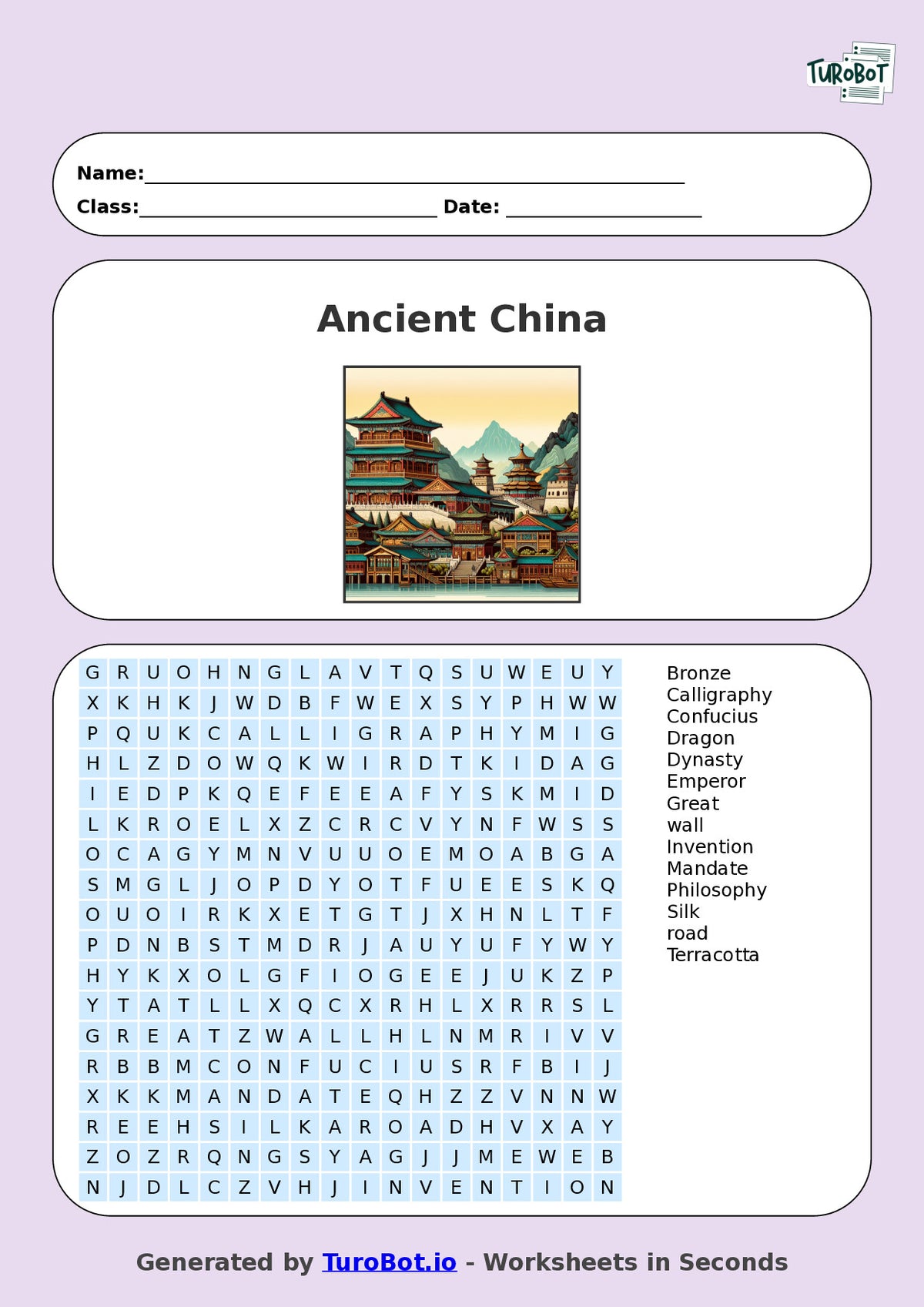 General Knowledge - Year 5 - Find a Word - Ancient China – Free Find a Word Worksheet