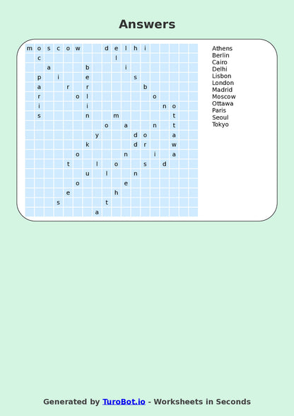 General Knowledge - Year 5 - Find a Word - Capital Cities – Free Find a Word Worksheet