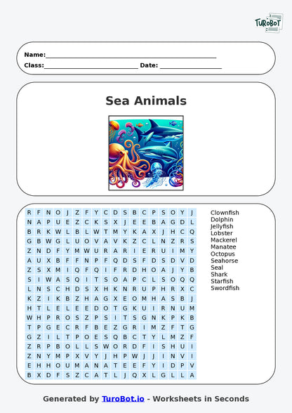 General Knowledge - Year 5 - Find a Word - Sea Animals – Free Find a Word Worksheet