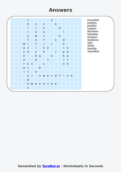 General Knowledge - Year 5 - Find a Word - Sea Animals – Free Find a Word Worksheet