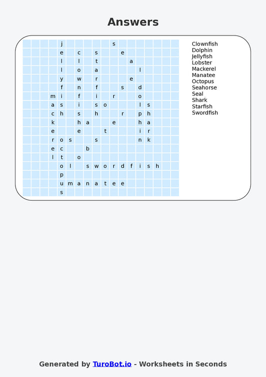 General Knowledge - Year 5 - Find a Word - Sea Animals – Free Find a Word Worksheet