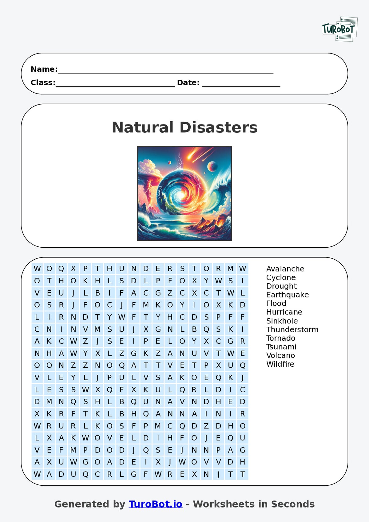 General Knowledge - Year 6 - Find a Word - Natural Disasters – Free Find a Word Worksheet