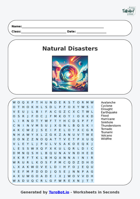 General Knowledge - Year 6 - Find a Word - Natural Disasters – Free Find a Word Worksheet