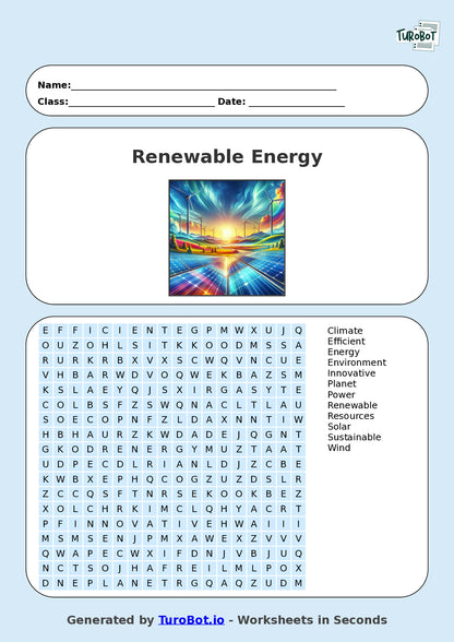 General Knowledge - Year 6 - Find a Word - Renewable Energy – Free Find a Word Worksheet