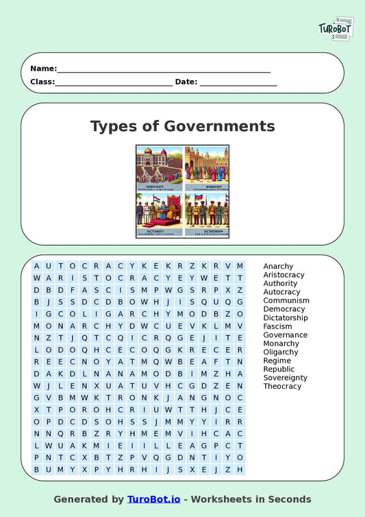 General Knowledge - Year 6 - Find a Word - Types of Governments – Free Find a Word Worksheet