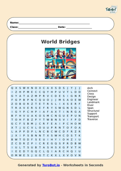 General Knowledge - Year 6 - Find a Word - World Bridges – Free Find a Word Worksheet