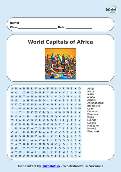 General Knowledge - Year 6 - Find a Word - World Capitals of Africa – Free Find a Word Worksheet