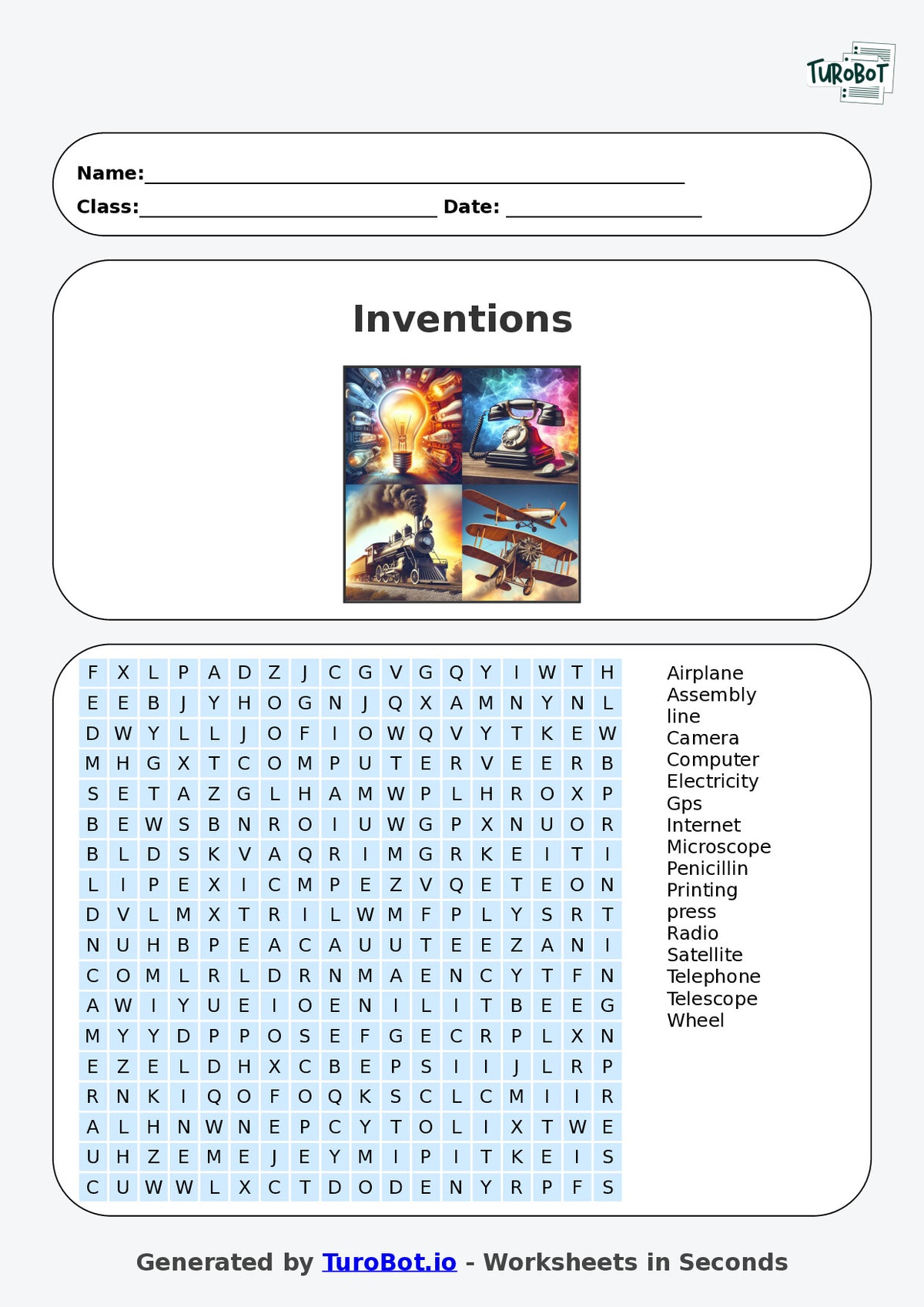General Knowledge - Year 7 - Find a Word - Inventions that Changed History – Free Find a Word Worksheet