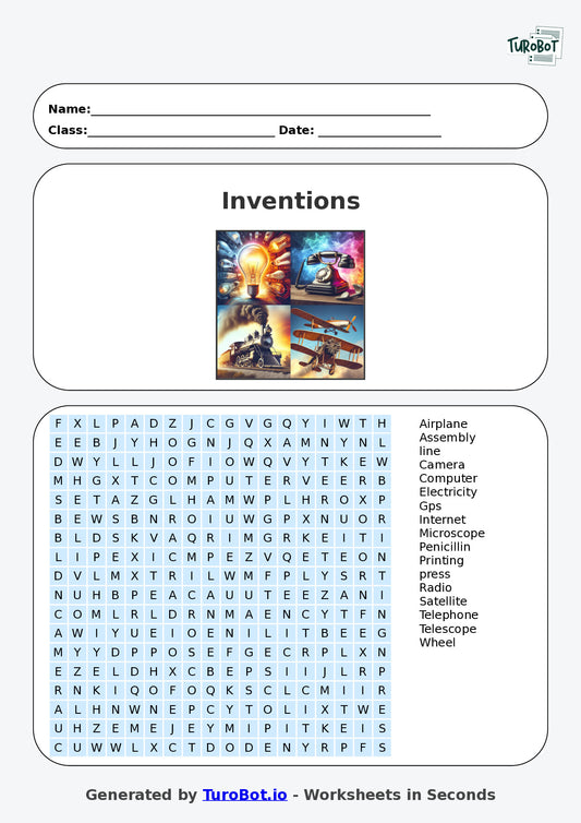 General Knowledge - Year 7 - Find a Word - Inventions that Changed History – Free Find a Word Worksheet