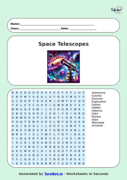 General Knowledge - Year 7 - Find a Word - Space Telescopes – Free Find a Word Worksheet