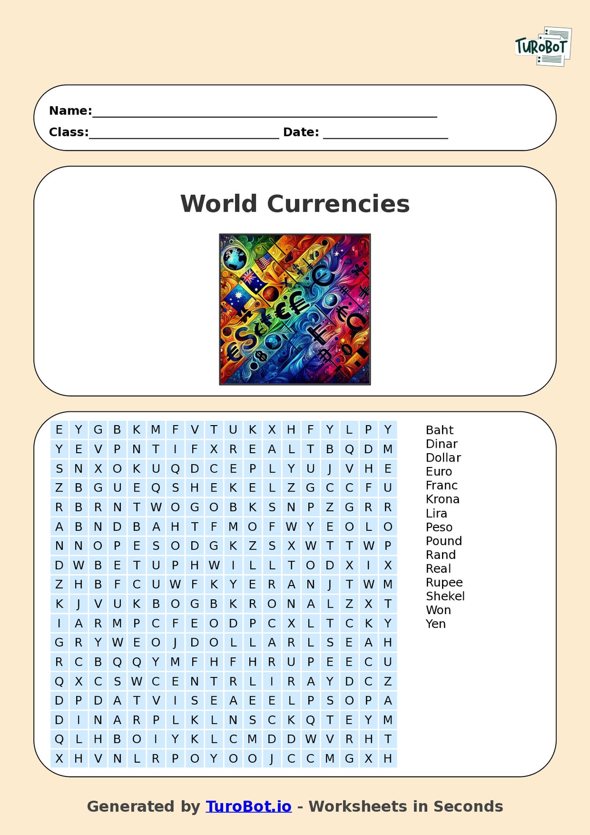 General Knowledge - Year 7 - Find a Word - World Currencies – Free Find a Word Worksheet