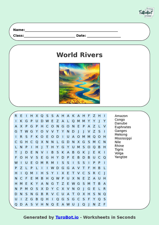 General Knowledge - Year 7 - Find a Word - World Rivers – Free Find a Word Worksheet