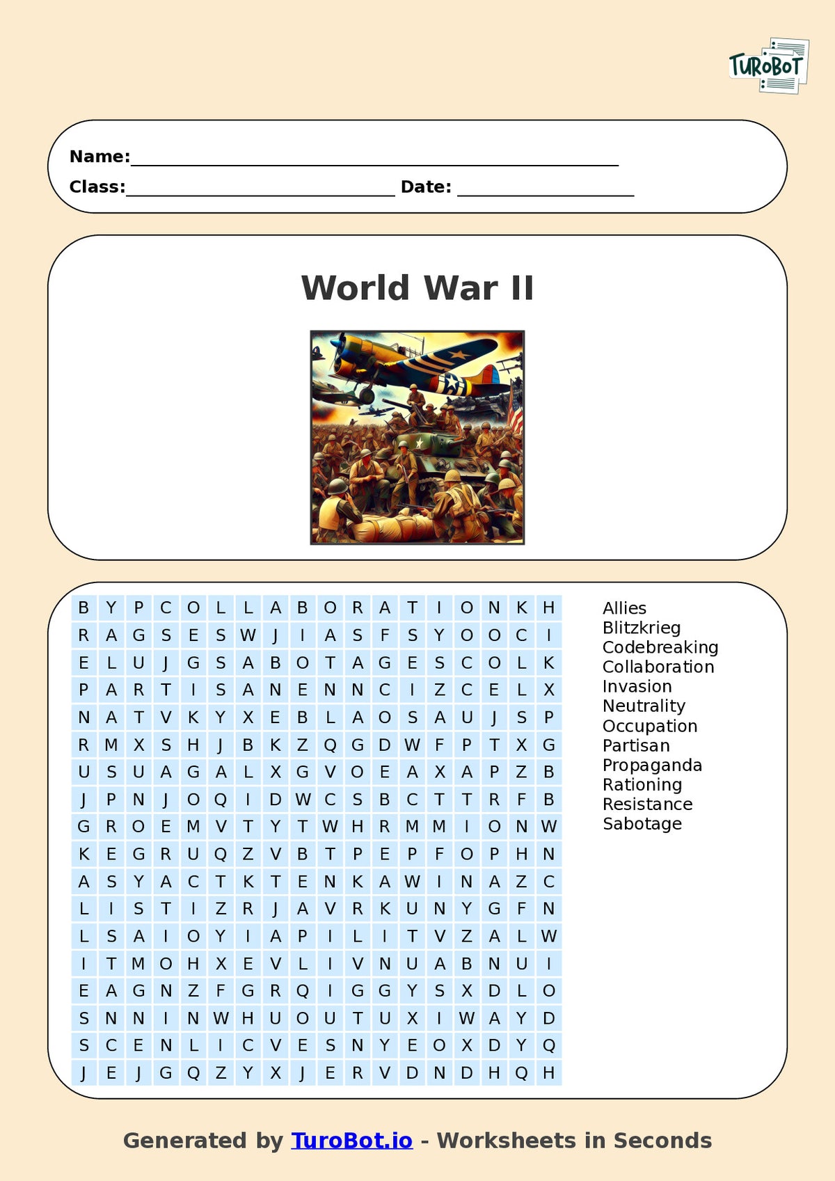 General Knowledge - Year 7 - Find a Word - World War II – Free Find a Word Worksheet
