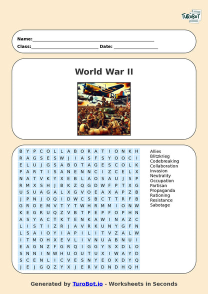 General Knowledge - Year 7 - Find a Word - World War II – Free Find a Word Worksheet