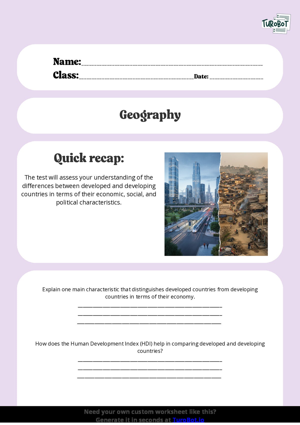 Free Worksheet - Year 10 Geography Comparing Developed and Developing Countries Short Answer Response