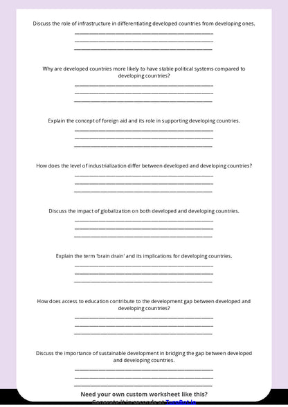 Free Worksheet - Year 10 Geography Comparing Developed and Developing Countries Short Answer Response