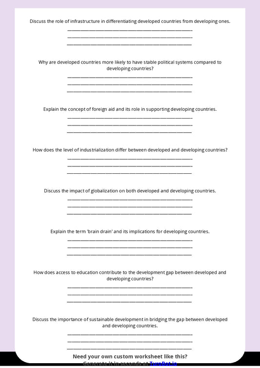 Free Worksheet - Year 10 Geography Comparing Developed and Developing Countries Short Answer Response