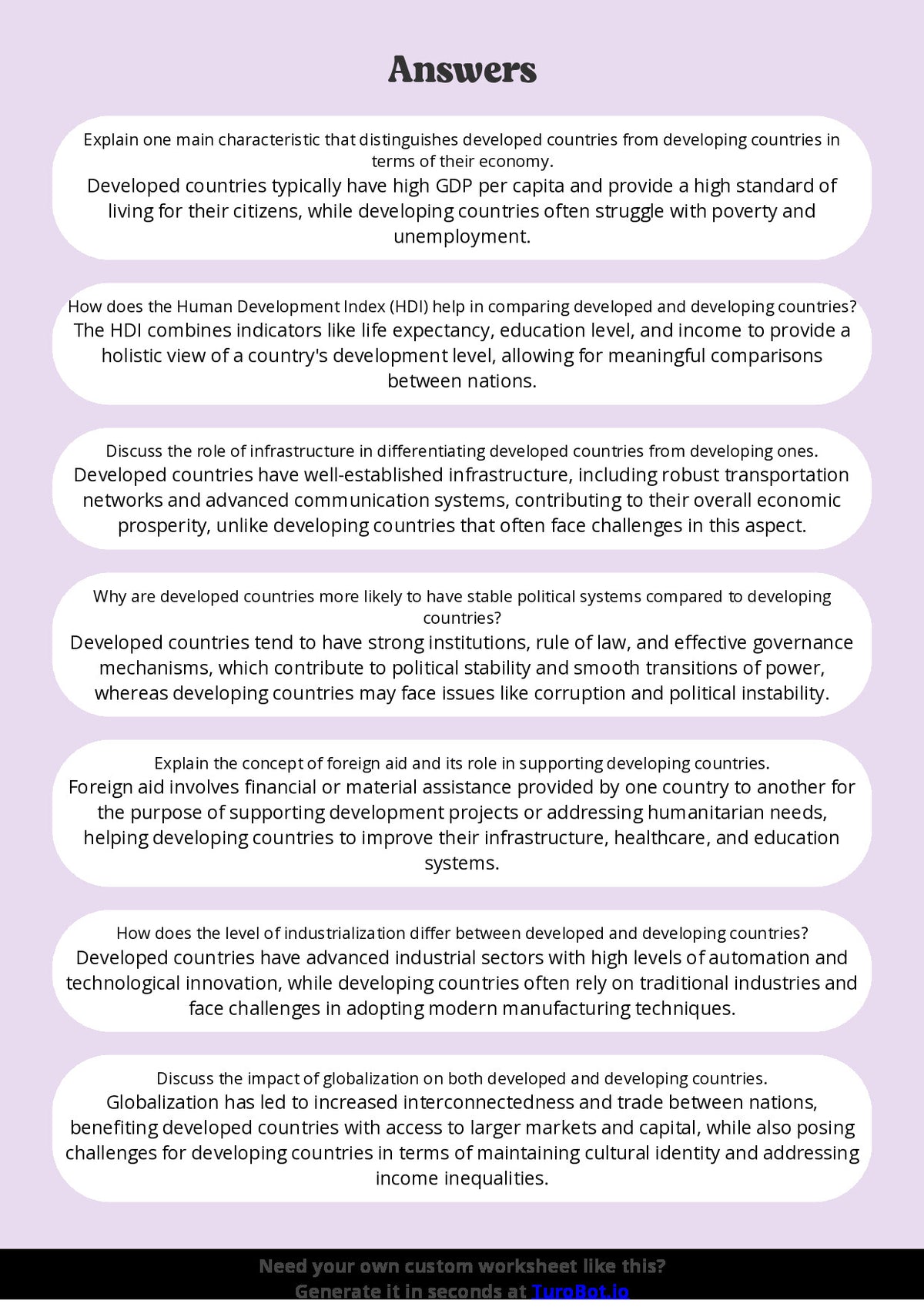 Free Worksheet - Year 10 Geography Comparing Developed and Developing Countries Short Answer Response
