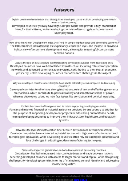 Free Worksheet - Year 10 Geography Comparing Developed and Developing Countries Short Answer Response