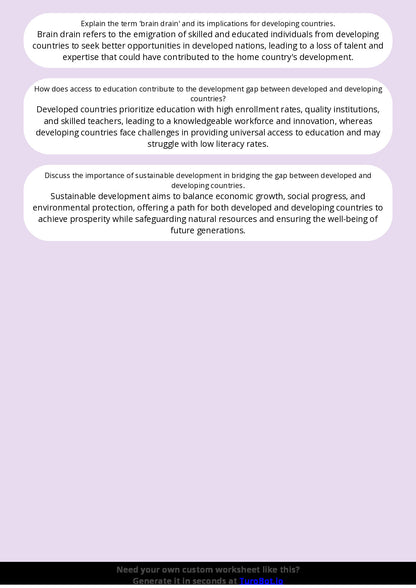 Free Worksheet - Year 10 Geography Comparing Developed and Developing Countries Short Answer Response