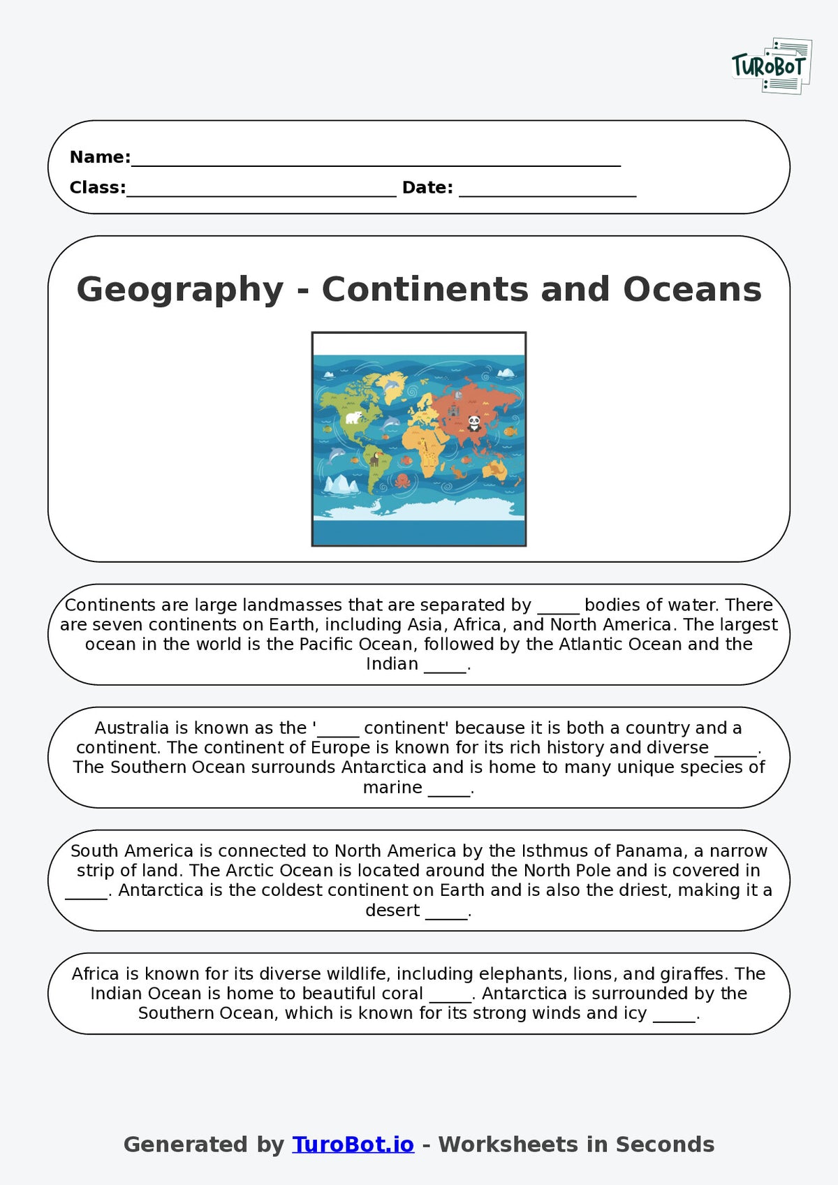 Year 2 Geography Fill in the Blanks Worksheet – Continents and Oceans