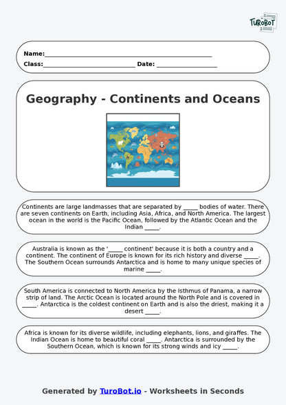 Year 2 Geography Fill in the Blanks Worksheet – Continents and Oceans