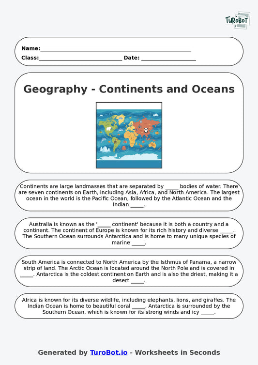 Year 2 Geography Fill in the Blanks Worksheet – Continents and Oceans