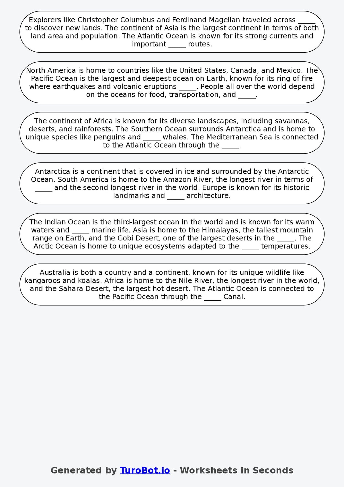 Year 2 Geography Fill in the Blanks Worksheet – Continents and Oceans