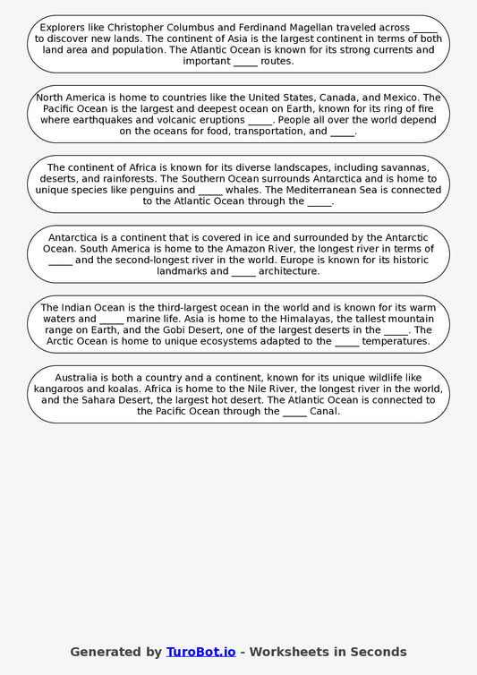 Year 2 Geography Fill in the Blanks Worksheet – Continents and Oceans