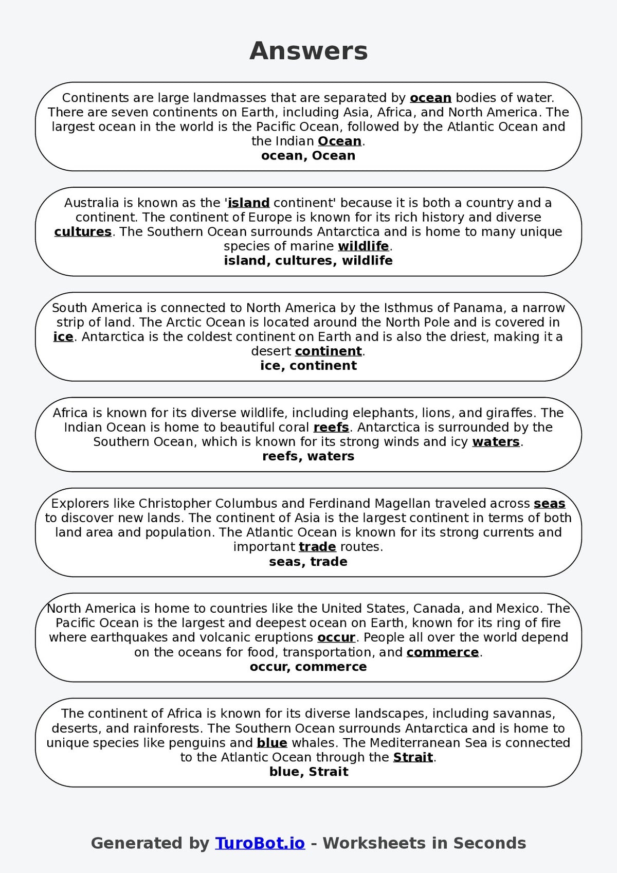 Year 2 Geography Fill in the Blanks Worksheet – Continents and Oceans