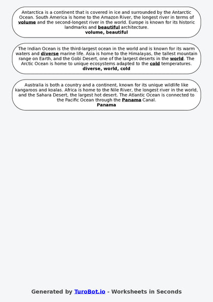 Year 2 Geography Fill in the Blanks Worksheet – Continents and Oceans
