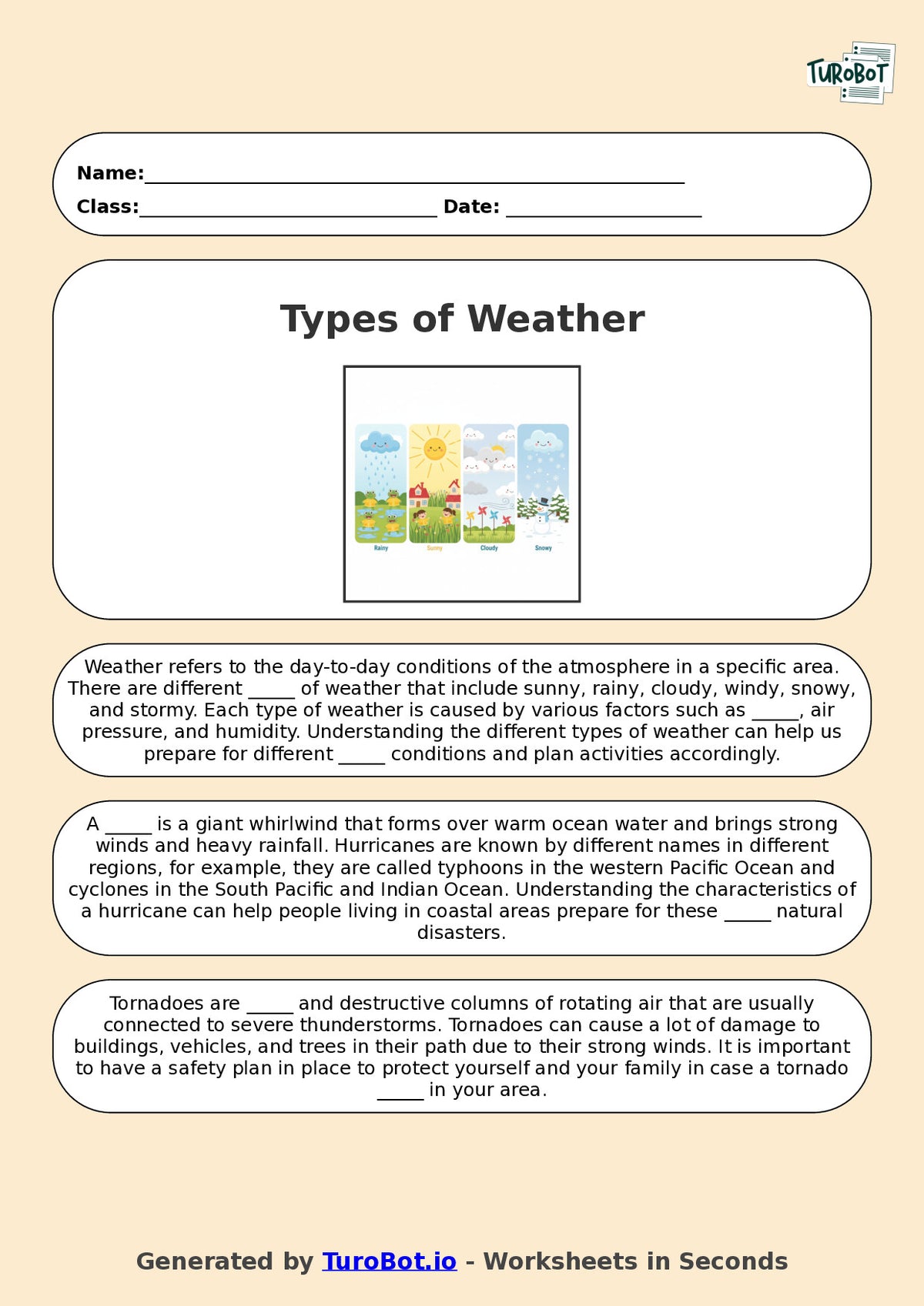 Year 3 Geography Fill in the Blanks Worksheet – Types of Weather