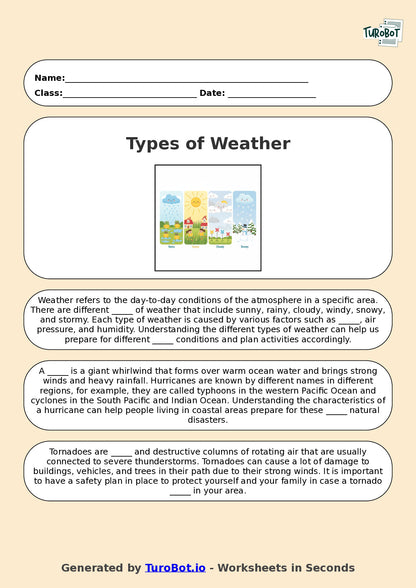 Year 3 Geography Fill in the Blanks Worksheet – Types of Weather