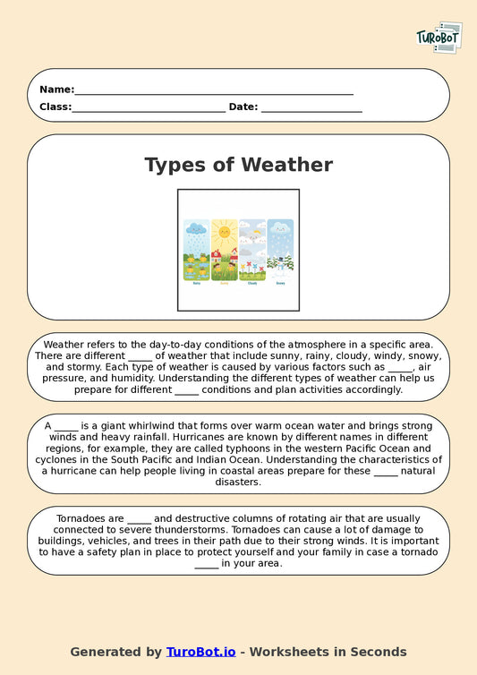 Year 3 Geography Fill in the Blanks Worksheet – Types of Weather