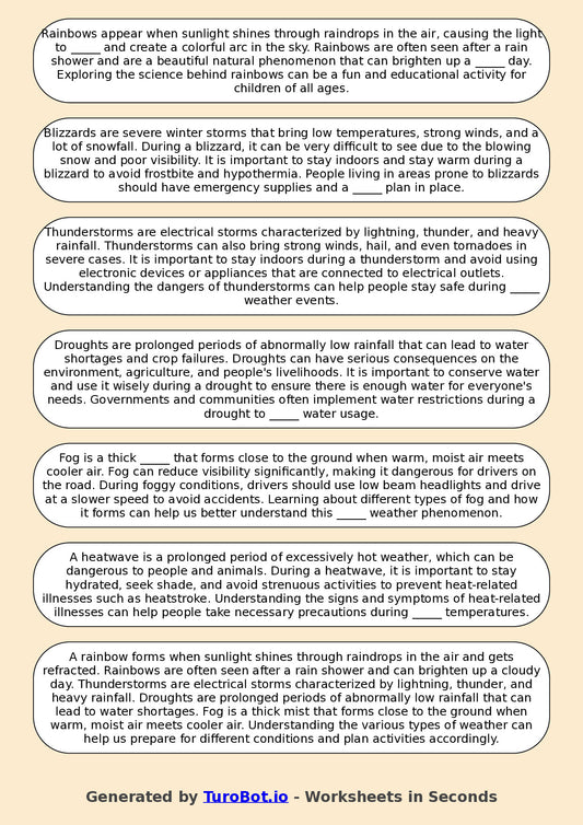 Year 3 Geography Fill in the Blanks Worksheet – Types of Weather