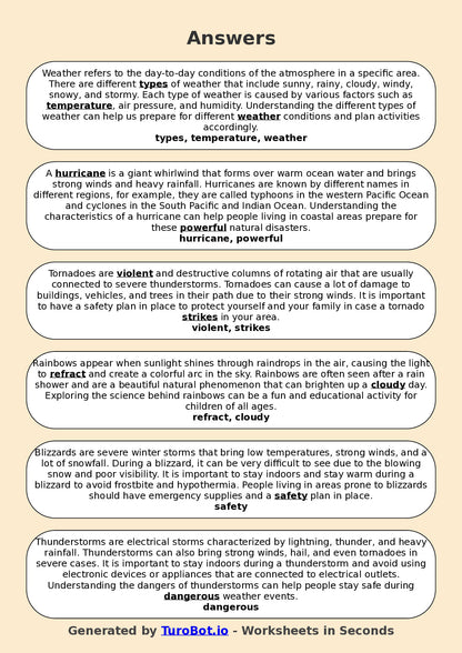 Year 3 Geography Fill in the Blanks Worksheet – Types of Weather