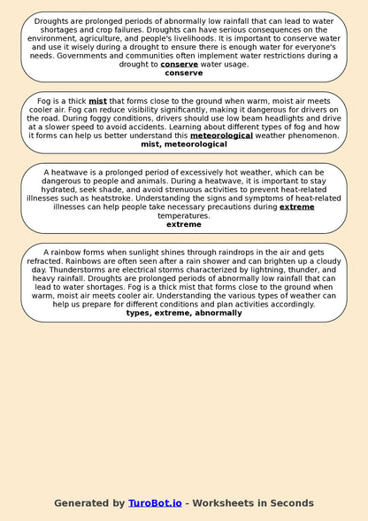 Year 3 Geography Fill in the Blanks Worksheet – Types of Weather